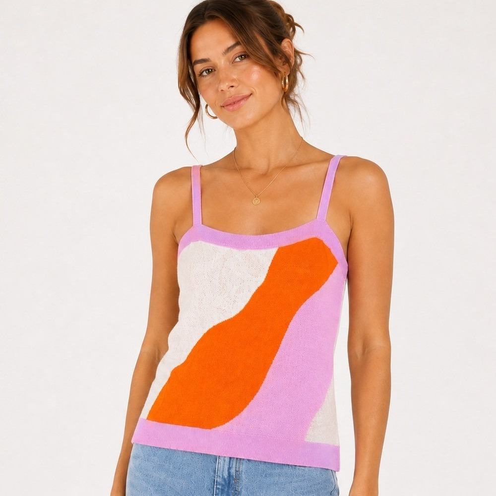FRNCH Tory Knit Cami Top Women Medium Abstract Swirl Pink Orange White Cotton